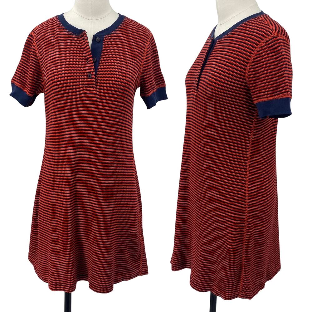 RE/DONE Striped Cotton Mini Dress Henley Button Crewneck Red Navy Blue Womens S